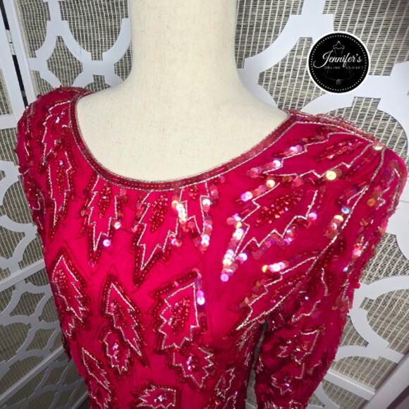 Scala Vintage 80's Red 100% Silk Sequin and Beaded Leaf Handkerchief Hem Dress - Picture 2 of 16